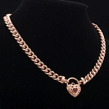 18ct Heavy Rose Gold Plated Euro Chain Necklace with a Filigree Locket Featuring a Simulated Ruby - USA Made-1