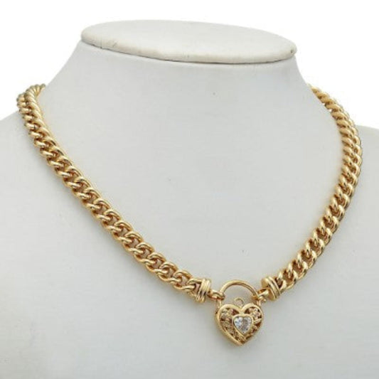 18ct Heavy Yellow Gold Plated Euro Chain Necklace with a Filigree Locket Featuring a Simulated Diamond - USA Made-0