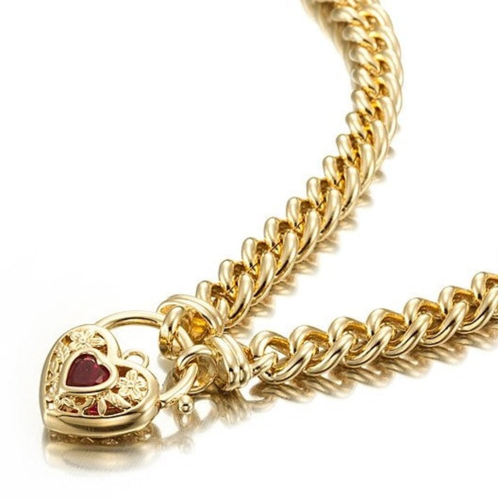 18ct Heavy Yellow Gold Plated Euro Chain Necklace with a Filigree Locket Featuring a Simulated Ruby - USA Made-5