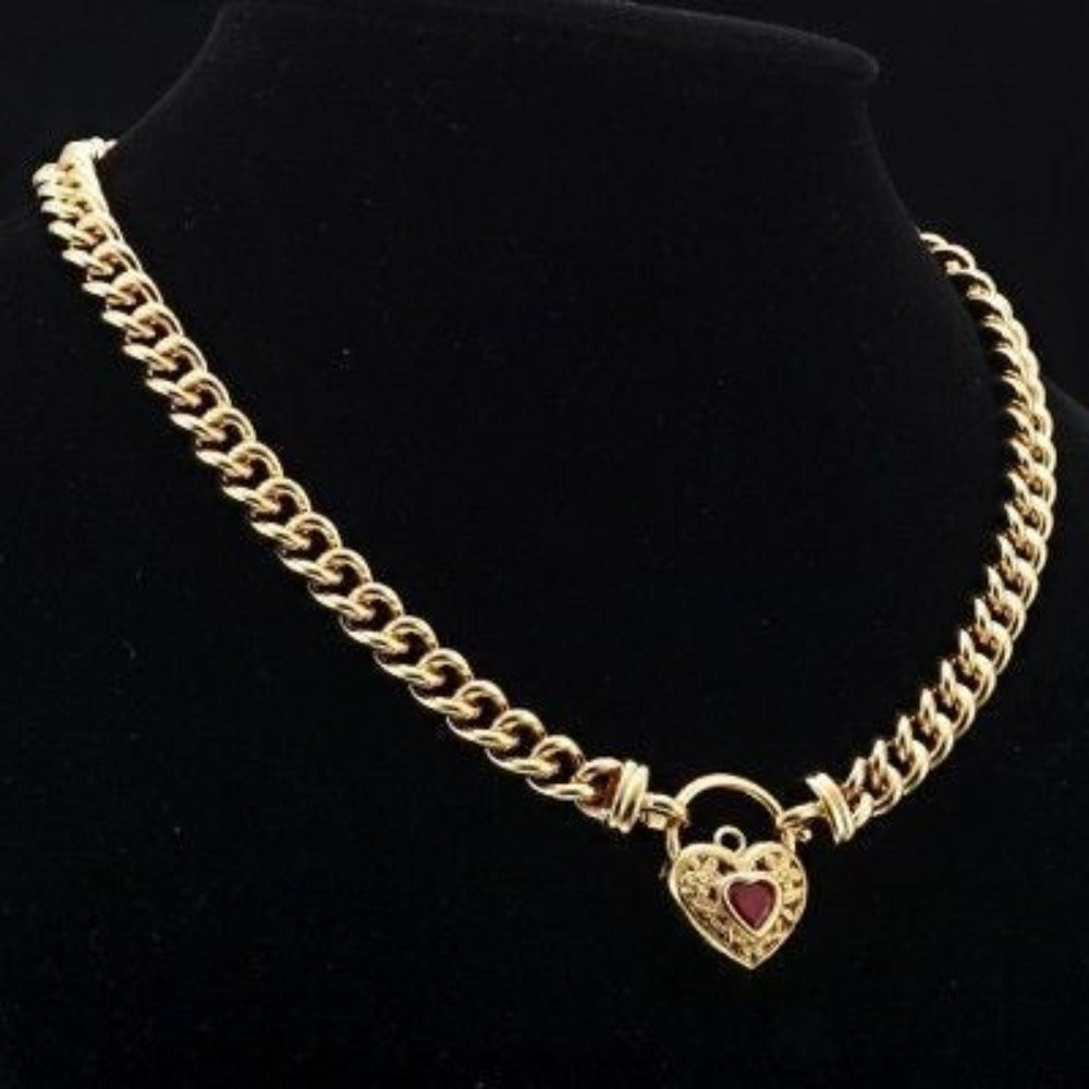 18ct Heavy Yellow Gold Plated Euro Chain Necklace with a Filigree Locket Featuring a Simulated Ruby - USA Made-3