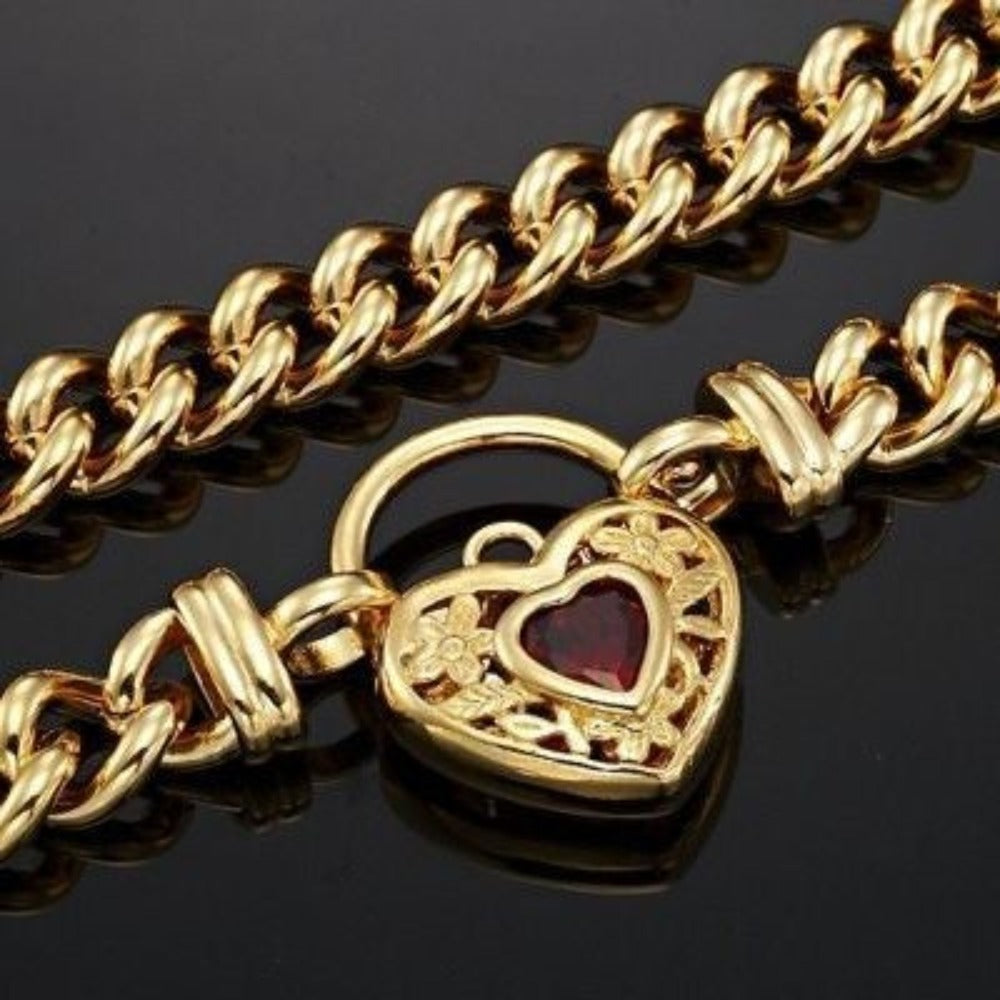 18ct Heavy Yellow Gold Plated Euro Chain Necklace with a Filigree Locket Featuring a Simulated Ruby - USA Made-4