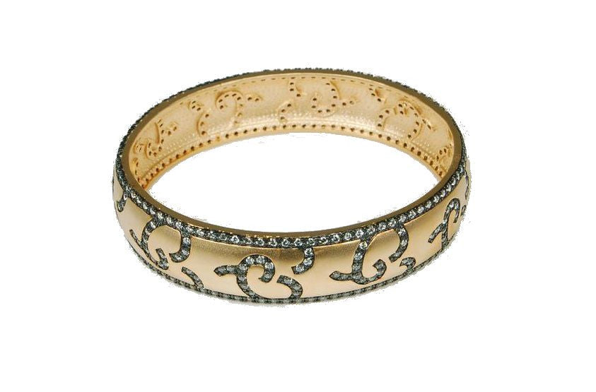 Bologna. Black, Gold & Sparkle-Oval bangle: Sterling Silver, 18K gold plate, CZs