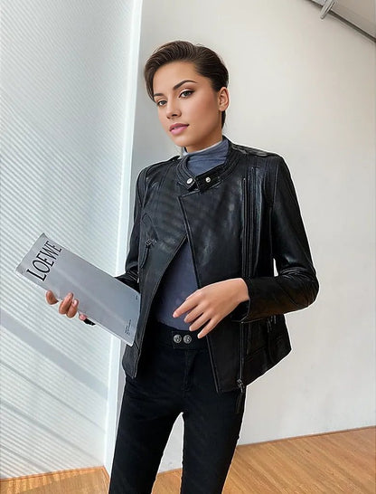 Quaz Womens Streetwear Women's Vintage Sheepskin Leather Coat