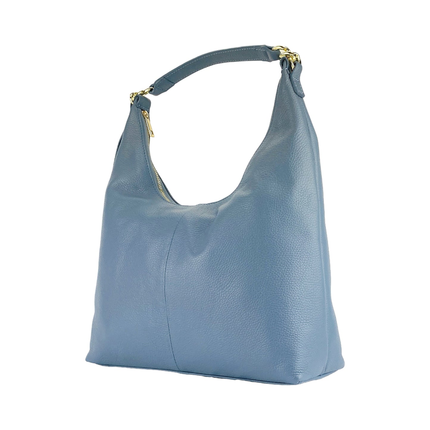 RB1017P | Borsa Donna a spalla Morbida in Vera Pelle Made in Italy con tracolla removibile. Attacchi con moschettoni in metallo Oro Lucido - Colore Avio - Dimensioni: cm 36 x 40 x 13-4