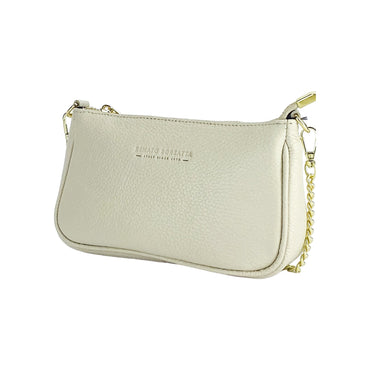 RB1022AB | Borsa Piccola in Vera Pelle Made in Italy con Tracolla a catena removibile. Chiusura con lampo e Accessori in metallo Oro Lucido - Colore Avorio - Dimensioni: cm 20 x 12 x 6-1