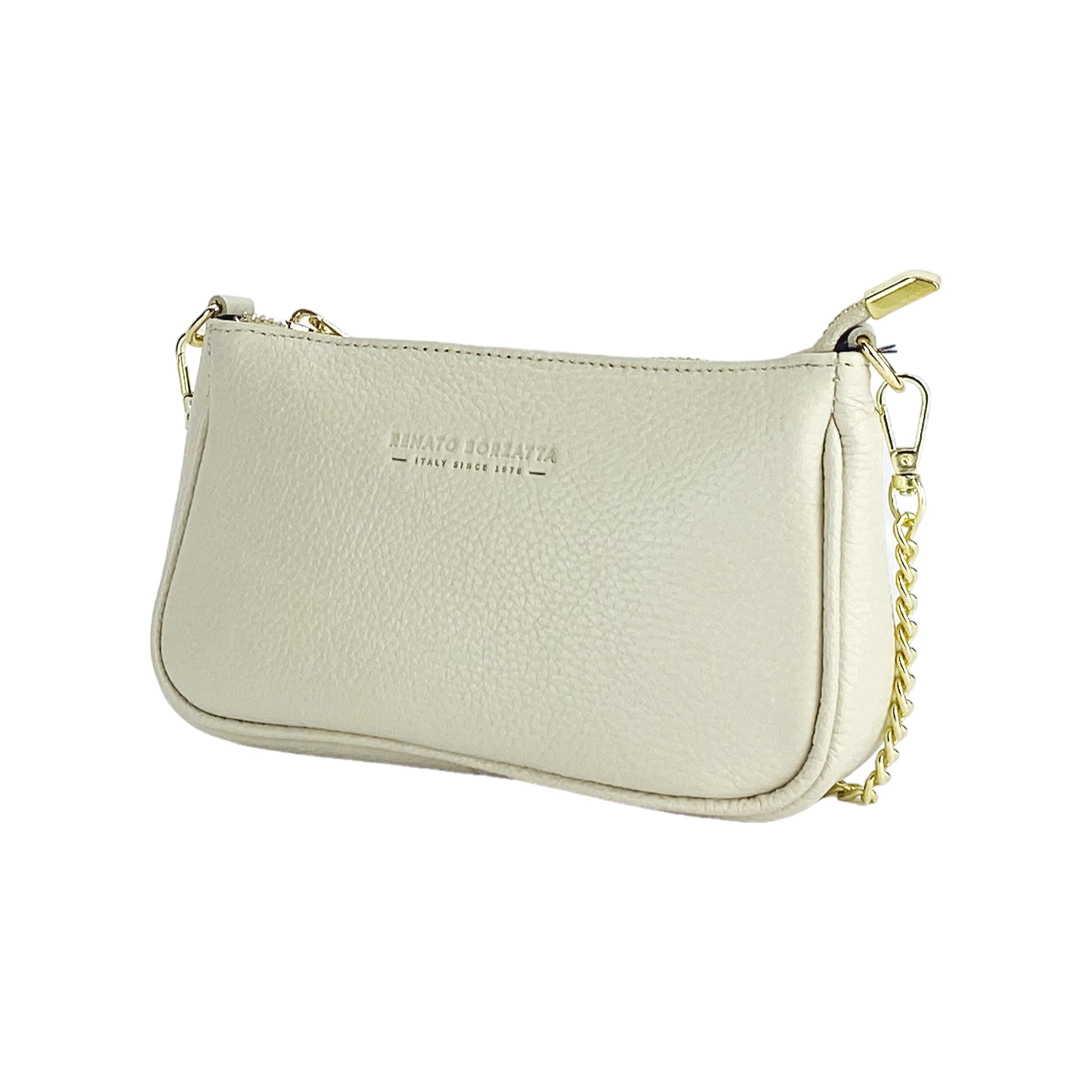 RB1022AB | Borsa Piccola in Vera Pelle Made in Italy con Tracolla a catena removibile. Chiusura con lampo e Accessori in metallo Oro Lucido - Colore Avorio - Dimensioni: cm 20 x 12 x 6-0