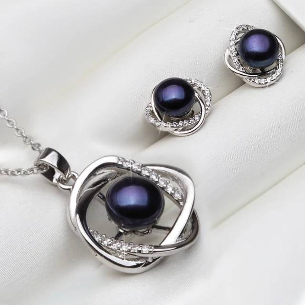 Genuine Freshwater Pearl & Simulated Diamond Earring & Necklace Set-1