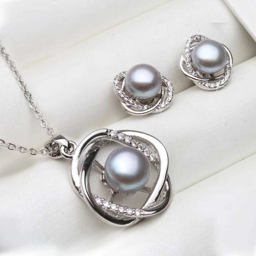 Genuine Freshwater Pearl & Simulated Diamond Earring & Necklace Set-4
