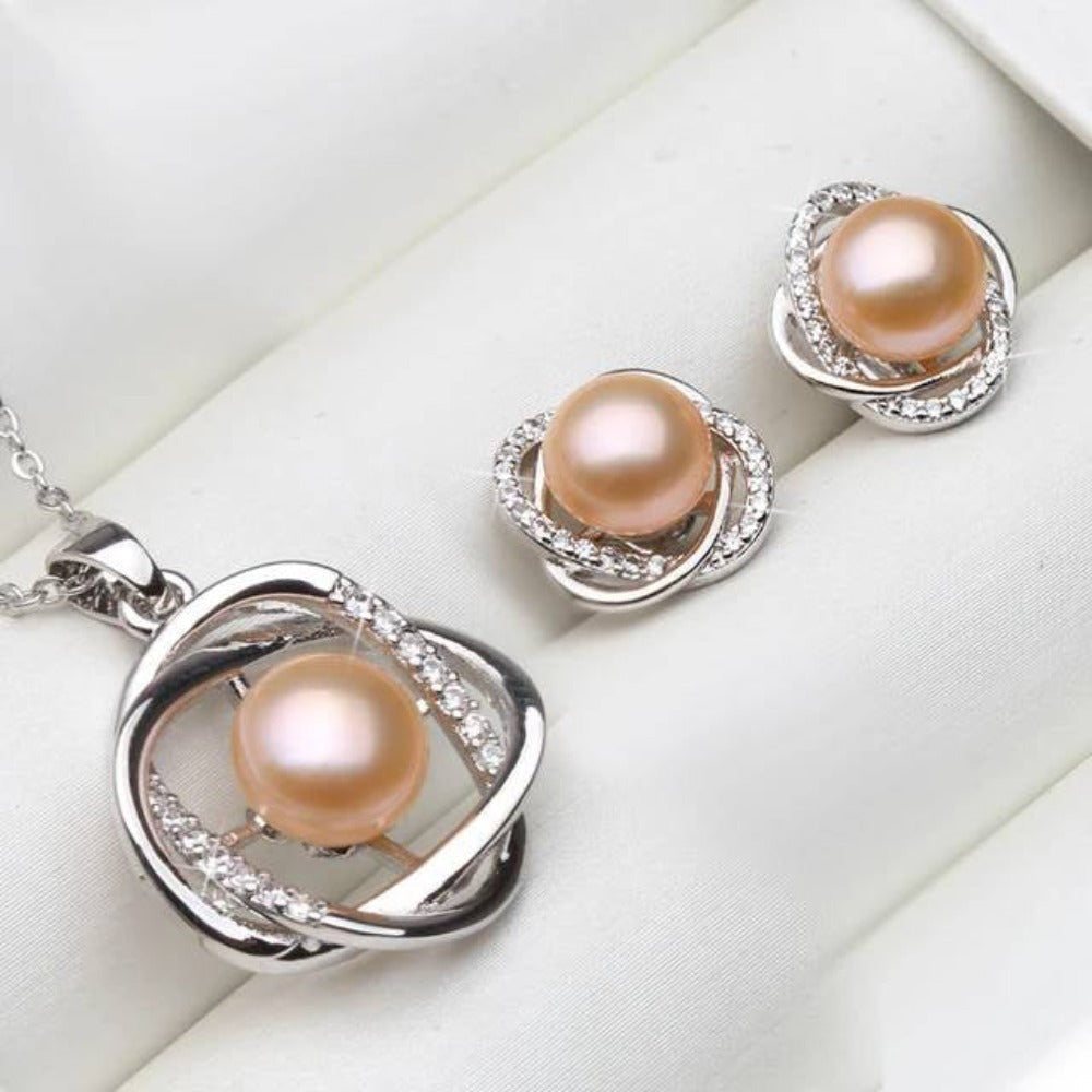 Genuine Freshwater Pearl & Simulated Diamond Earring & Necklace Set-2