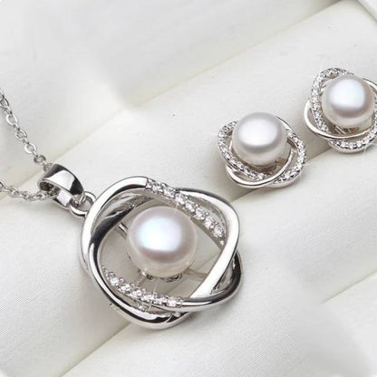 Genuine Freshwater Pearl & Simulated Diamond Earring & Necklace Set-0