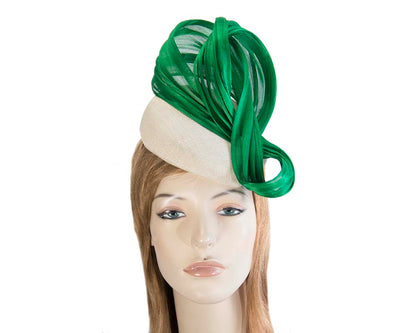 Cream & green pillbox with silk abaca bow by Fillies Collection