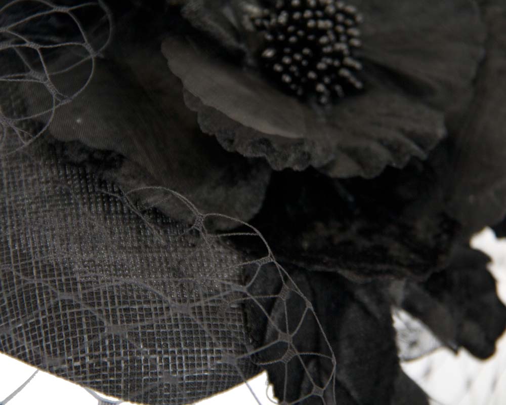 Black pillbox with flower & veil by Fillies Collection