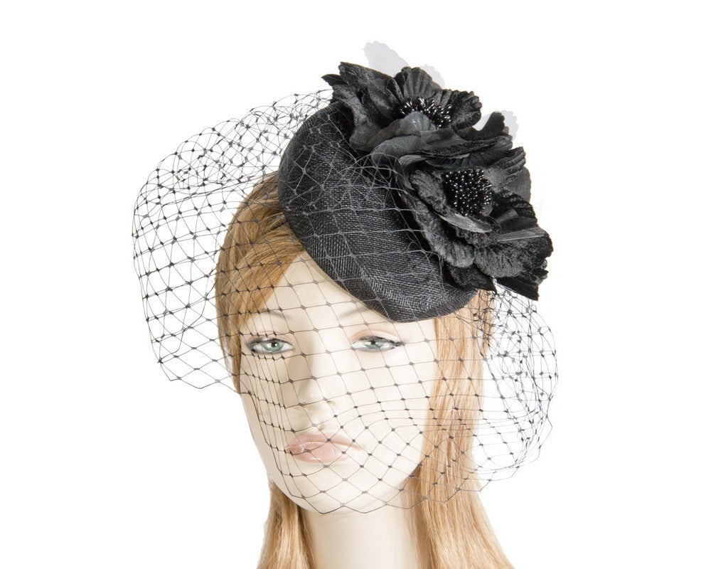 Black pillbox with flower & veil by Fillies Collection