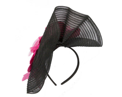 Large black & fuchsia racing fascinator with flowers by Fillies Collection