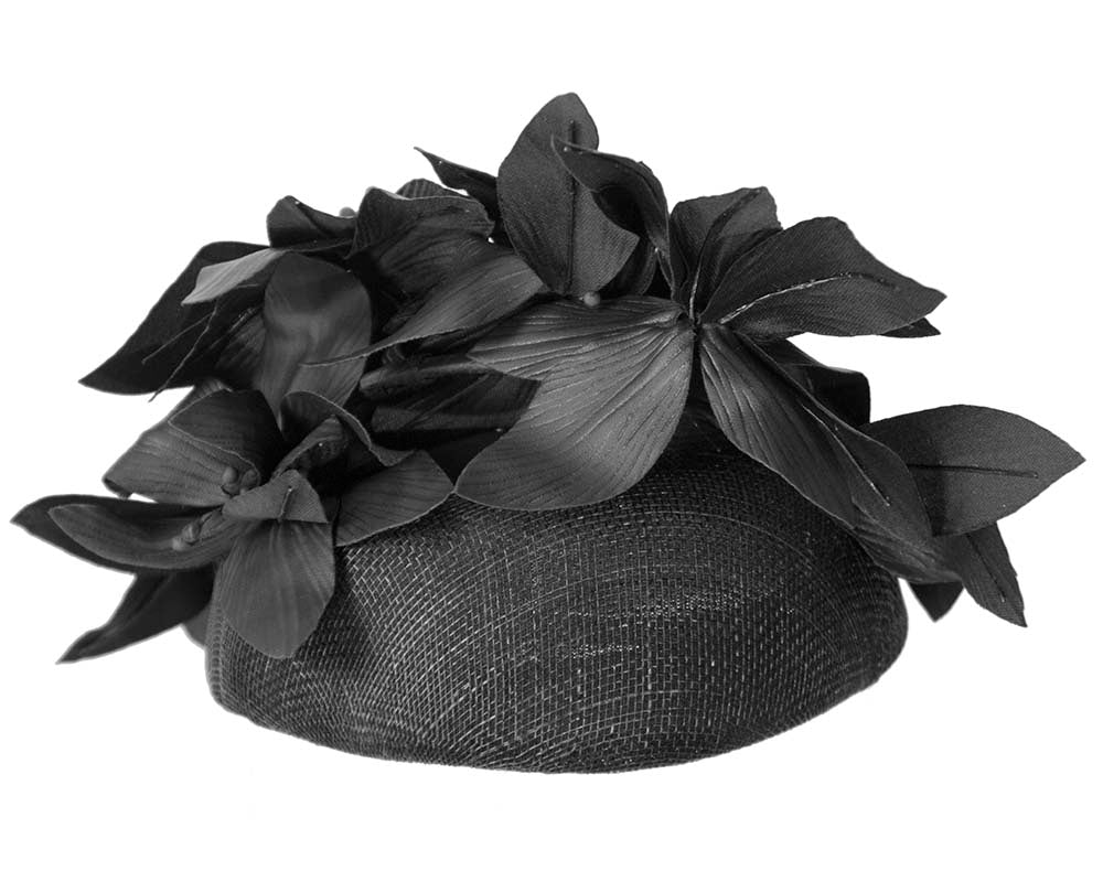 Black pillbox with leather flowers by Fillies Collection