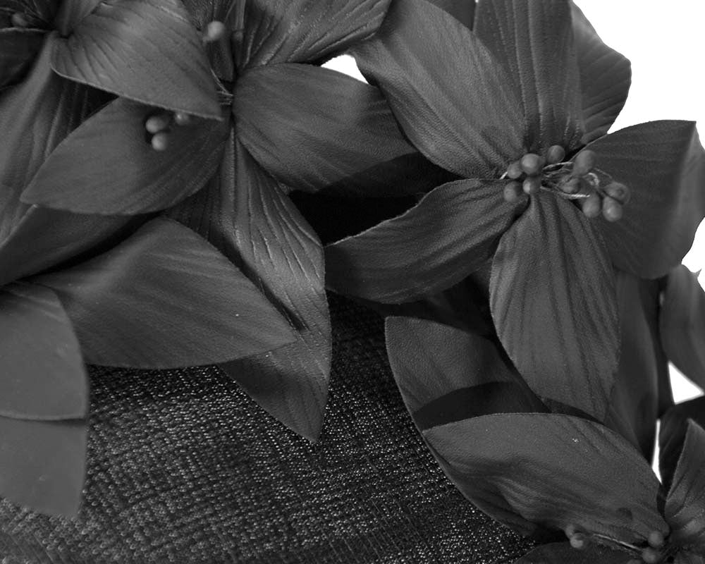 Black pillbox with leather flowers by Fillies Collection