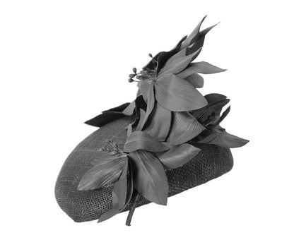 Black pillbox with leather flowers by Fillies Collection