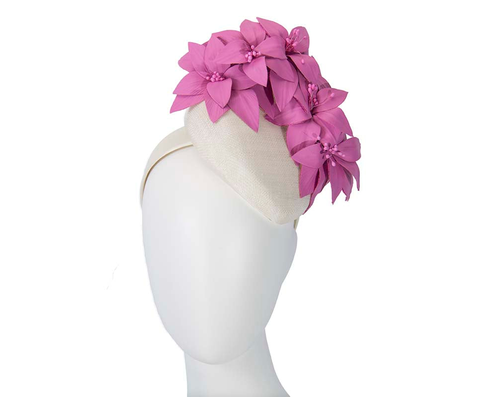 Cream & fuchsia pillbox with leather flowers by Fillies Collection