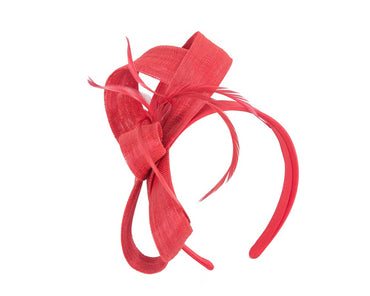 Red abaca loops and feathers racing fascinator by Fillies Collection