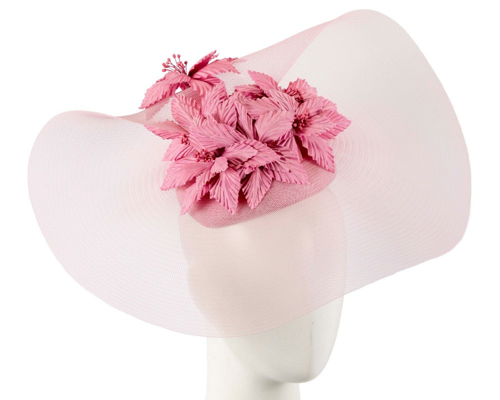 Wide brim dusty pink fascinator hat by Fillies Collection