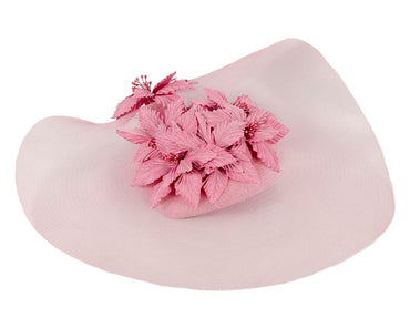 Wide brim dusty pink fascinator hat by Fillies Collection