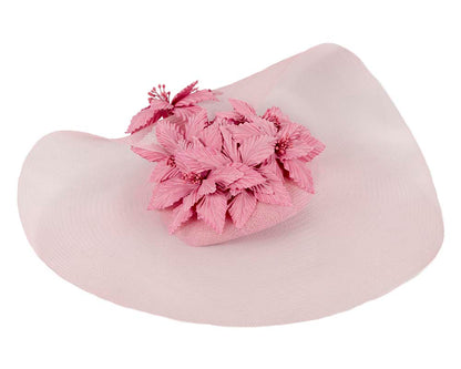 Wide brim dusty pink fascinator hat by Fillies Collection