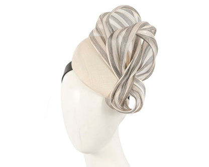 Cream pillbox fascinator with stripy silk abaca bow by Fillies Collection-0