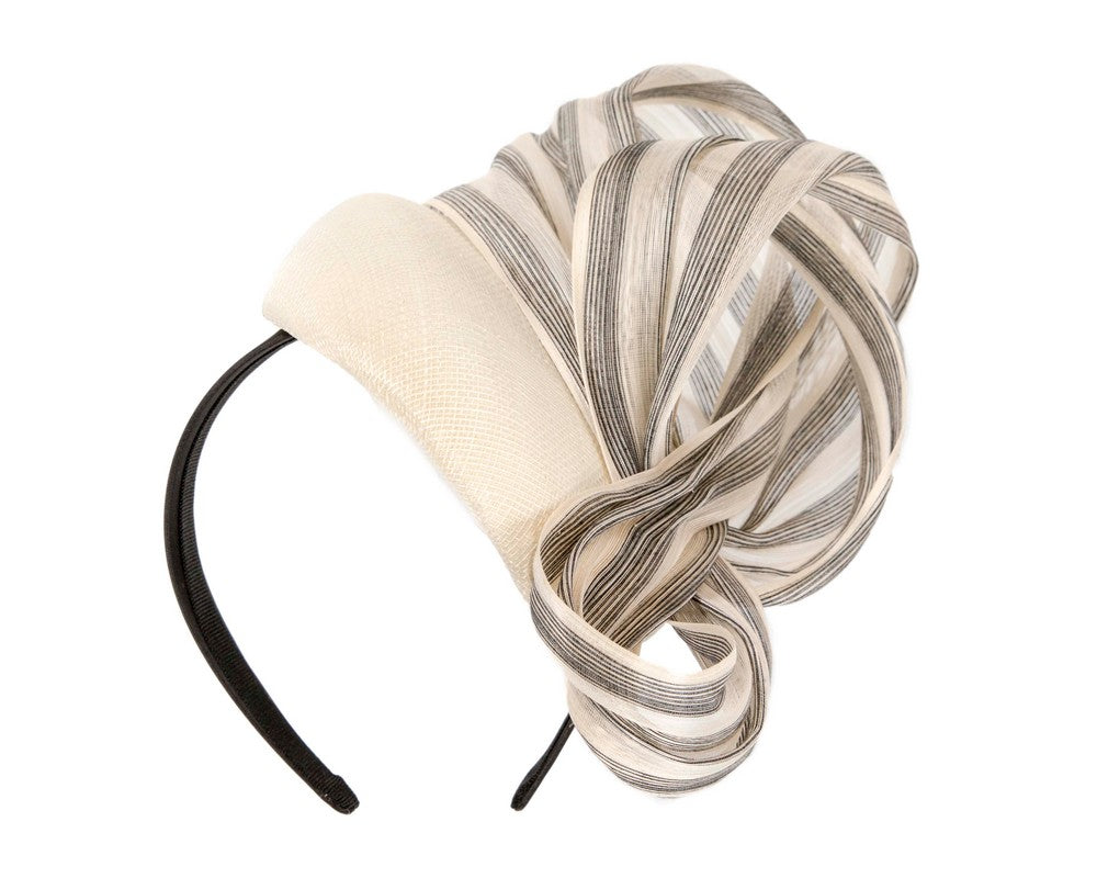 Cream pillbox fascinator with stripy silk abaca bow by Fillies Collection-1