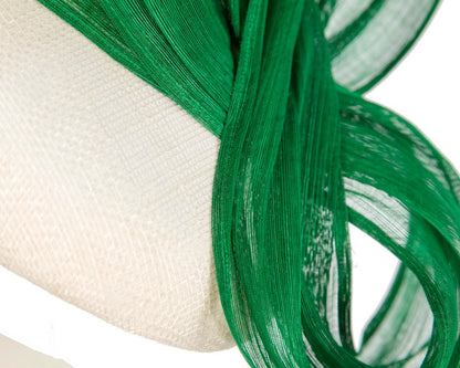 White pillbox fascinator with green silk abaca bow by Fillies Collection-4