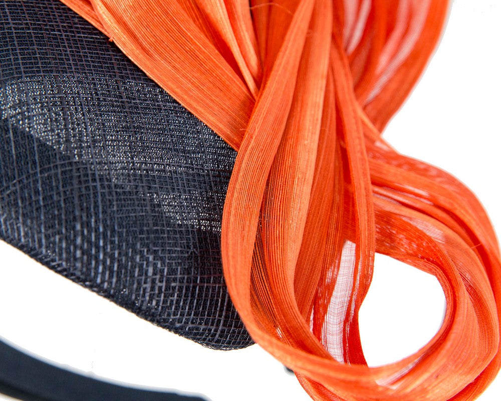 Navy pillbox fascinator with orange silk abaca bow by Fillies Collection