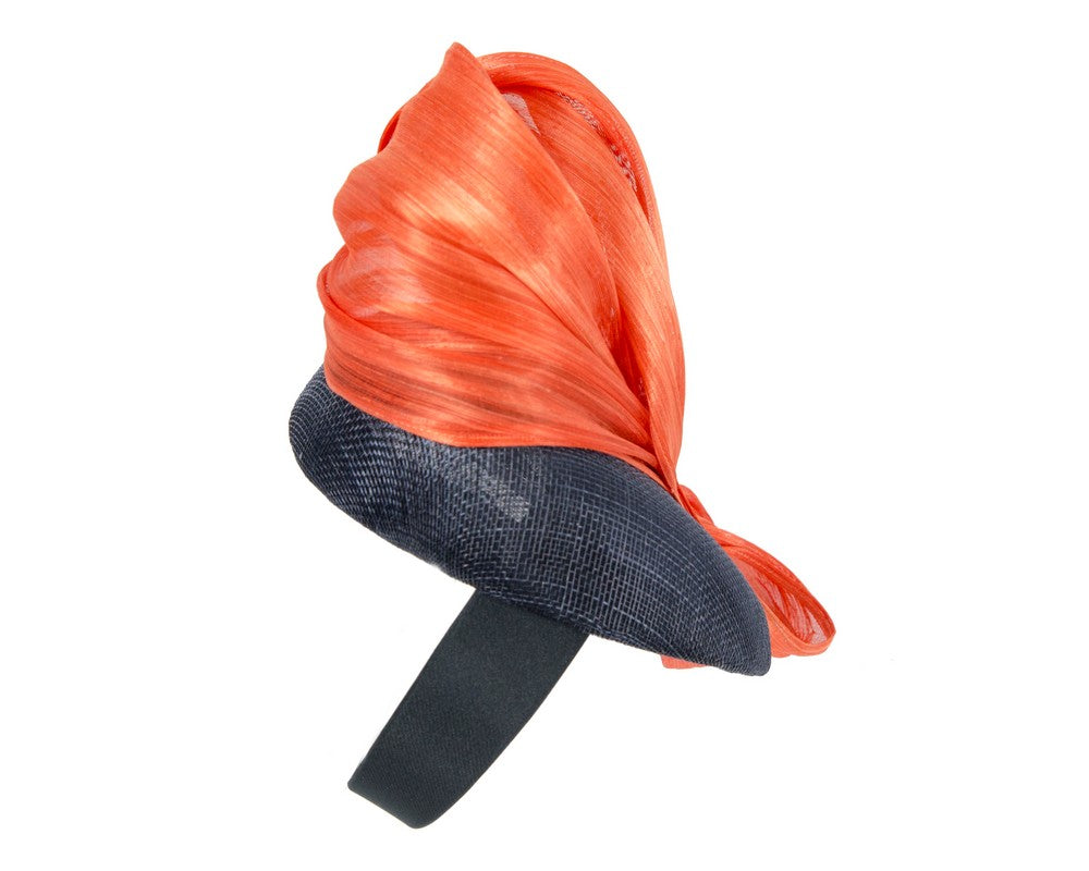 Navy pillbox fascinator with orange silk abaca bow by Fillies Collection