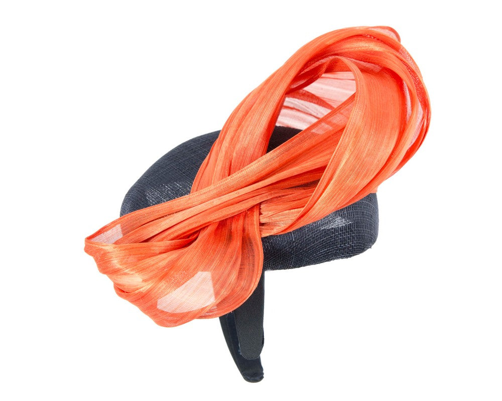 Navy pillbox fascinator with orange silk abaca bow by Fillies Collection