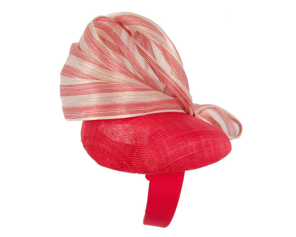 Red pillbox fascinator with stripy silk abaca bow by Fillies Collection-3