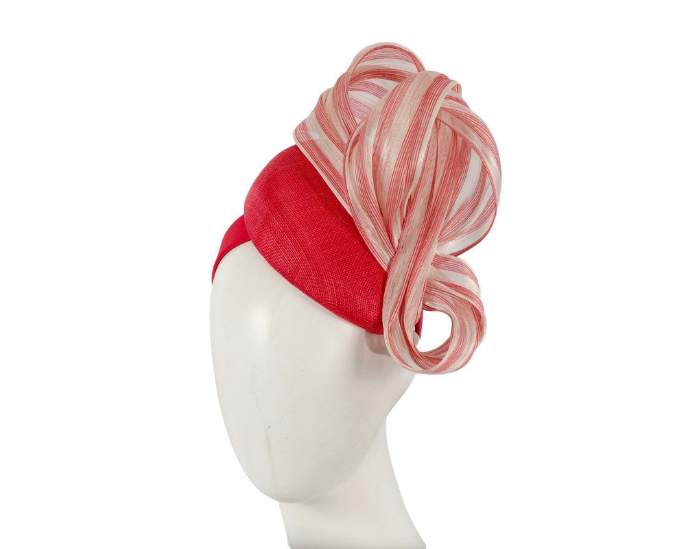 Red pillbox fascinator with stripy silk abaca bow by Fillies Collection-0