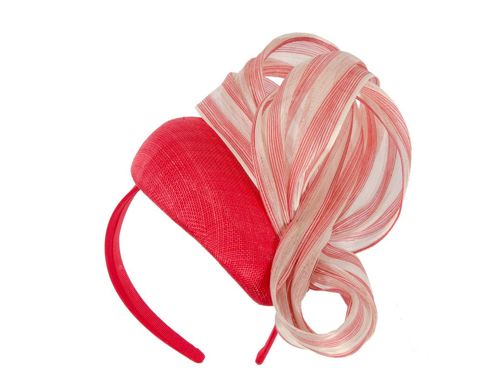 Red pillbox fascinator with stripy silk abaca bow by Fillies Collection-1