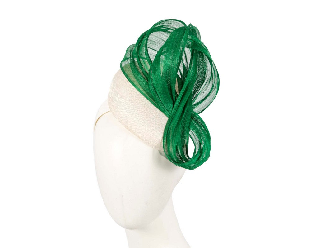 White pillbox fascinator with green silk abaca bow by Fillies Collection-0