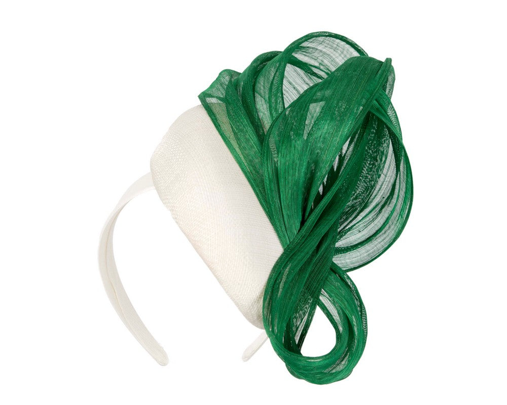 White pillbox fascinator with green silk abaca bow by Fillies Collection-1