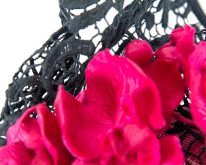 Fuchsia & navy lace covered pillbox fascinator