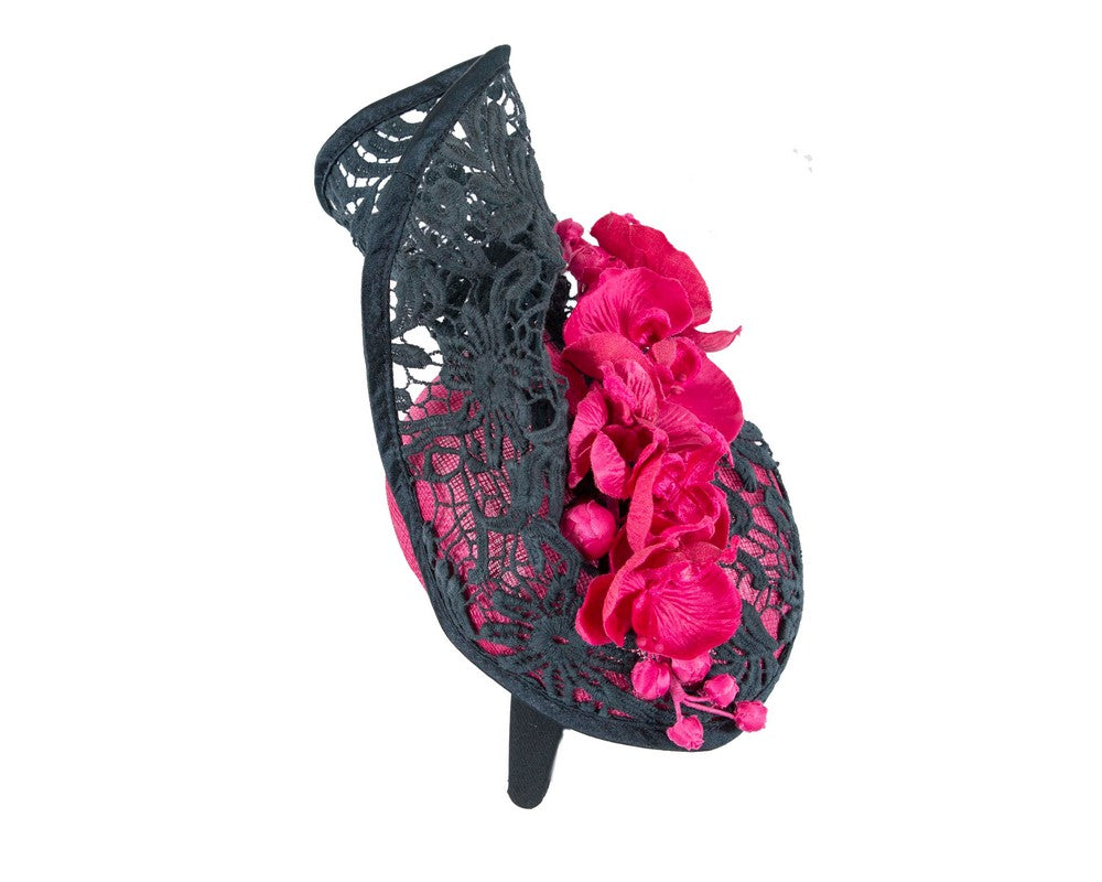 Fuchsia & navy lace covered pillbox fascinator