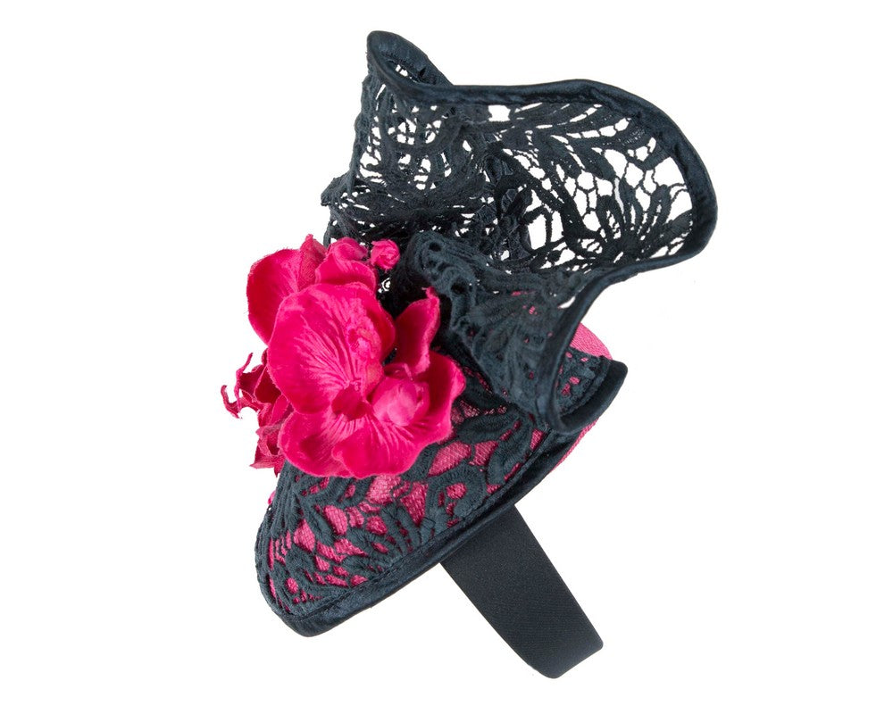 Fuchsia & navy lace covered pillbox fascinator