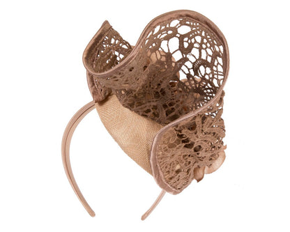 Taupe lace covered pillbox fascinator-5
