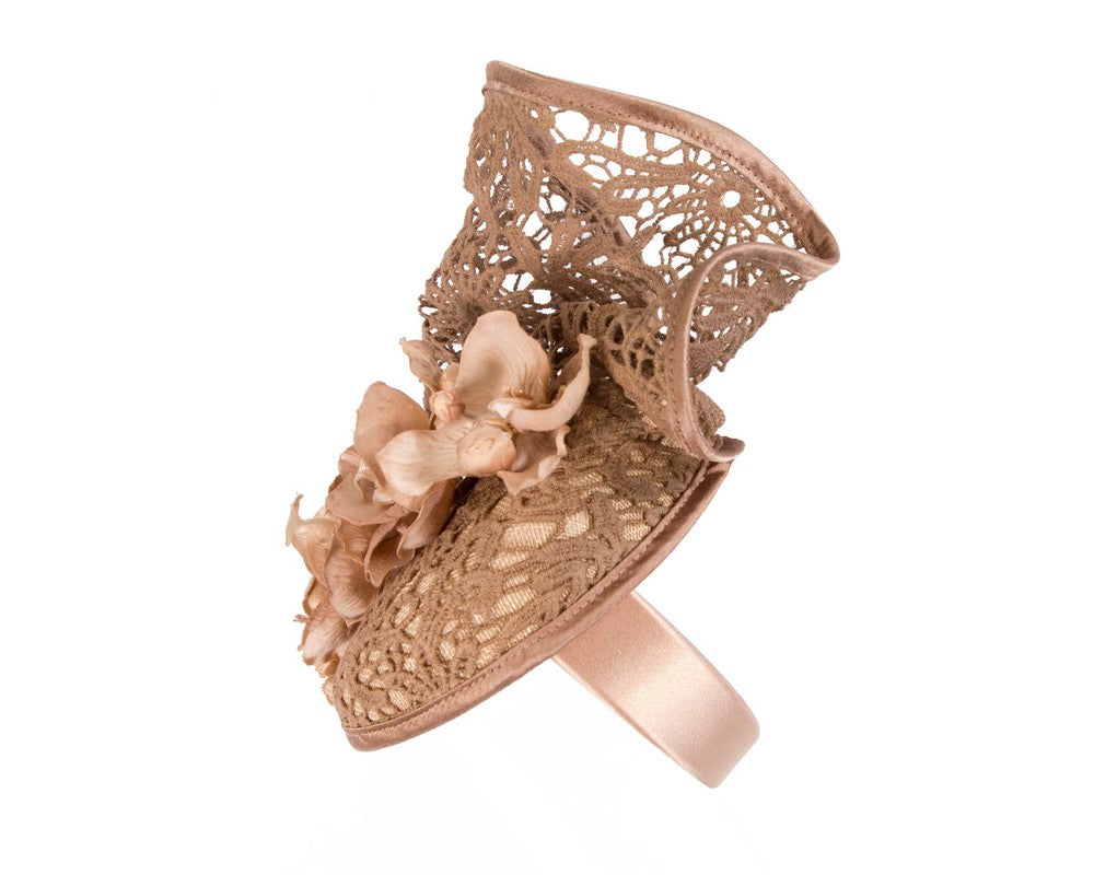 Taupe lace covered pillbox fascinator-2