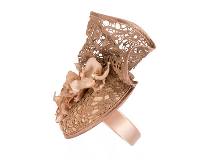 Taupe lace covered pillbox fascinator-2