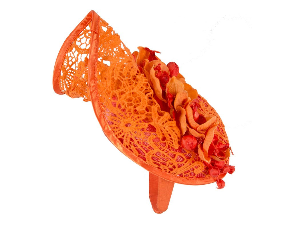 Orange lace covered pillbox fascinator