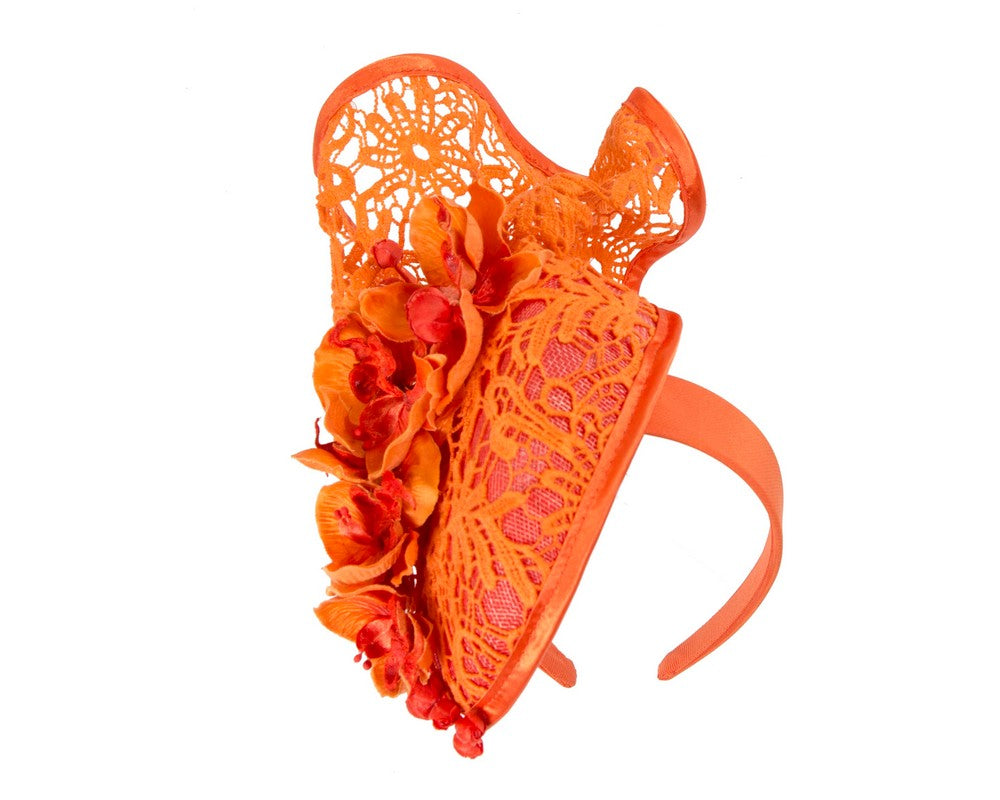 Orange lace covered pillbox fascinator