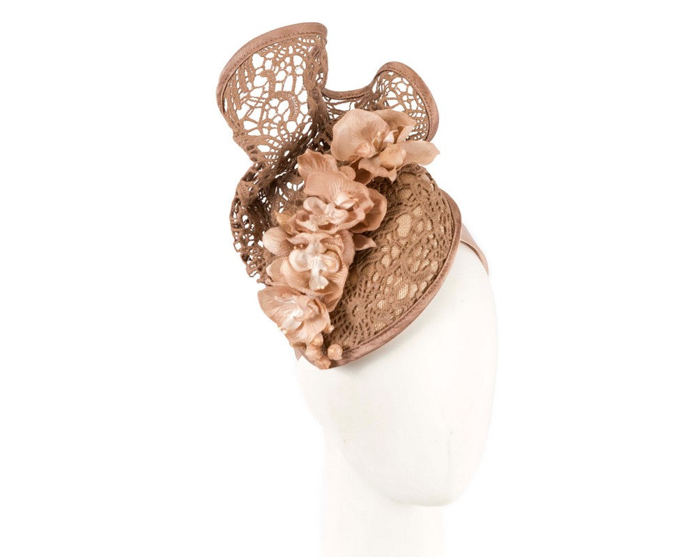 Taupe lace covered pillbox fascinator-0