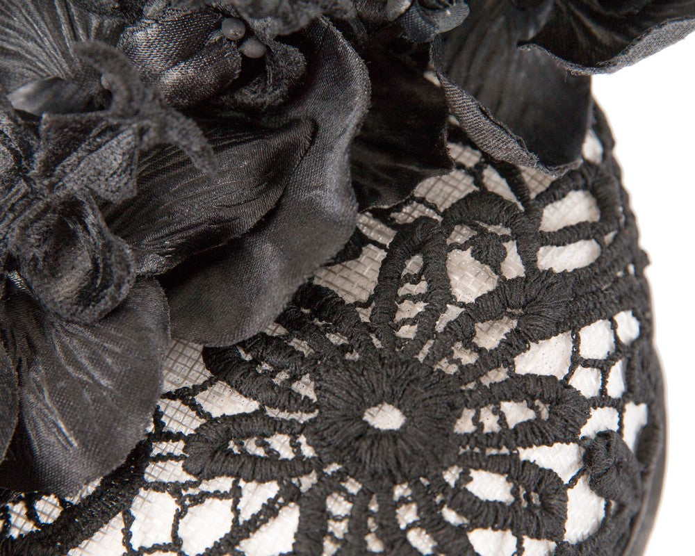 White & black lace covered pillbox fascinator