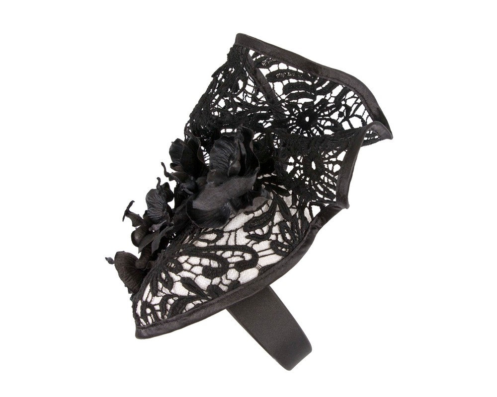 White & black lace covered pillbox fascinator