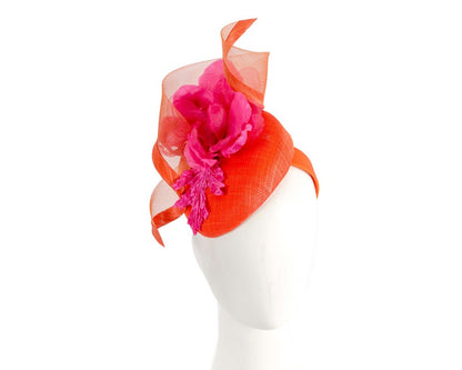 Orange pillbox fascinator with fuchsia flower by Fillies Collection-0