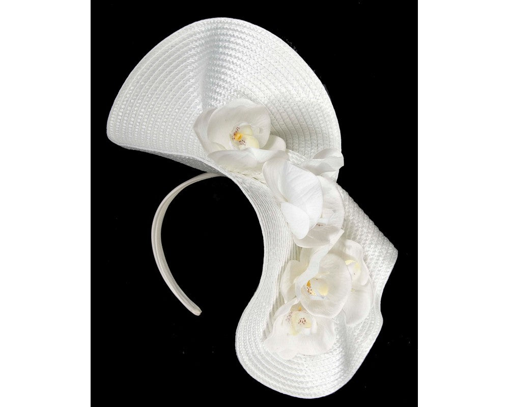 Large white fascinator with orchids by Fillies Collection-1